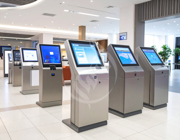 Row of modern touch screen kiosks in a public building