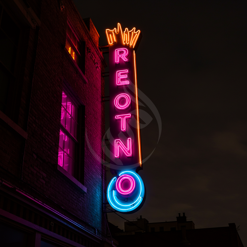 Neon sign with 'RENO' on a building at night