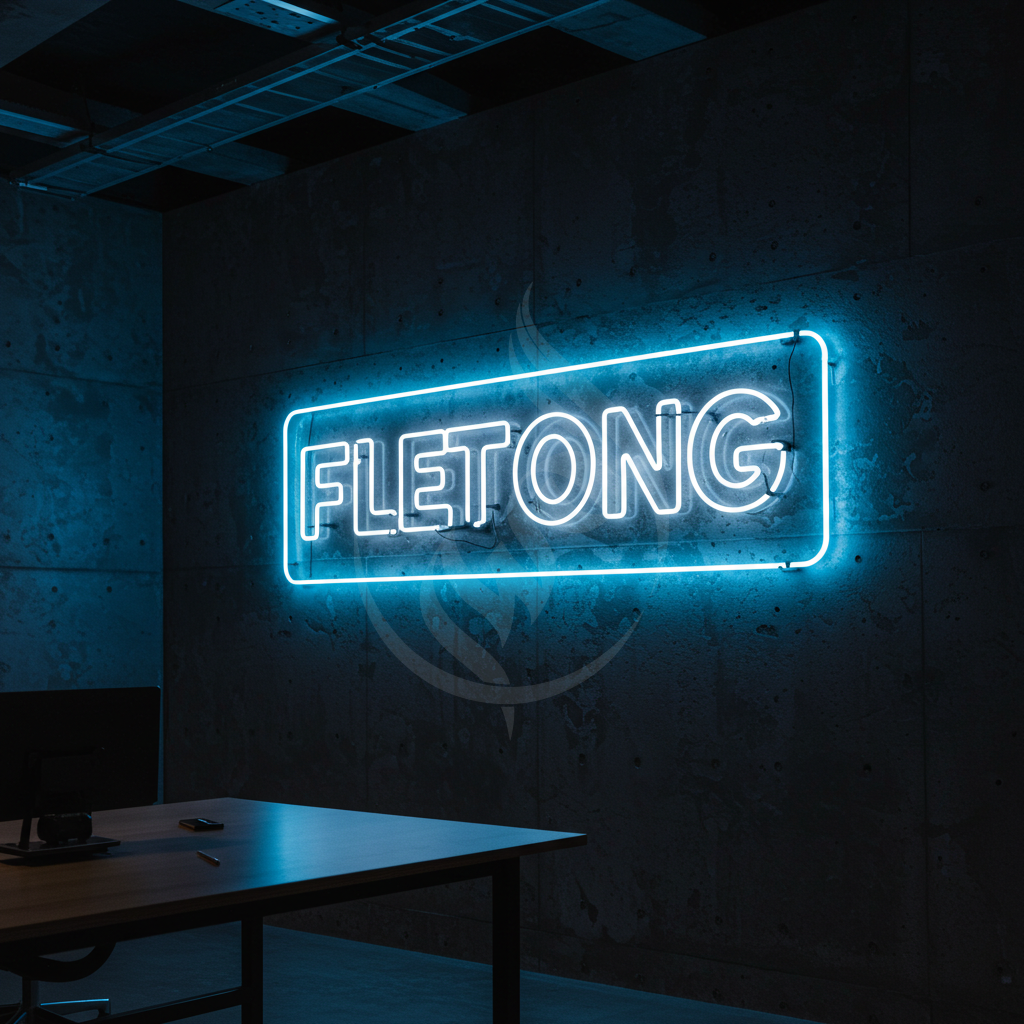 Neon sign with 'FLETONG' in a dark room with a desk.