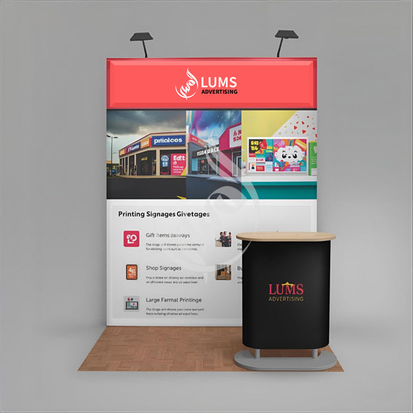 LUMS Advertising display stand with branding and product information on a gray background