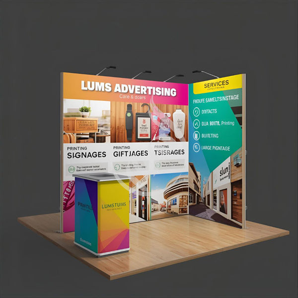 Lums Advertising display stand with various services and products on a gray background