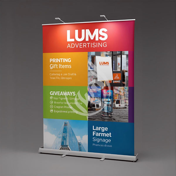 LUMS Advertising roll-up banner on a gray background