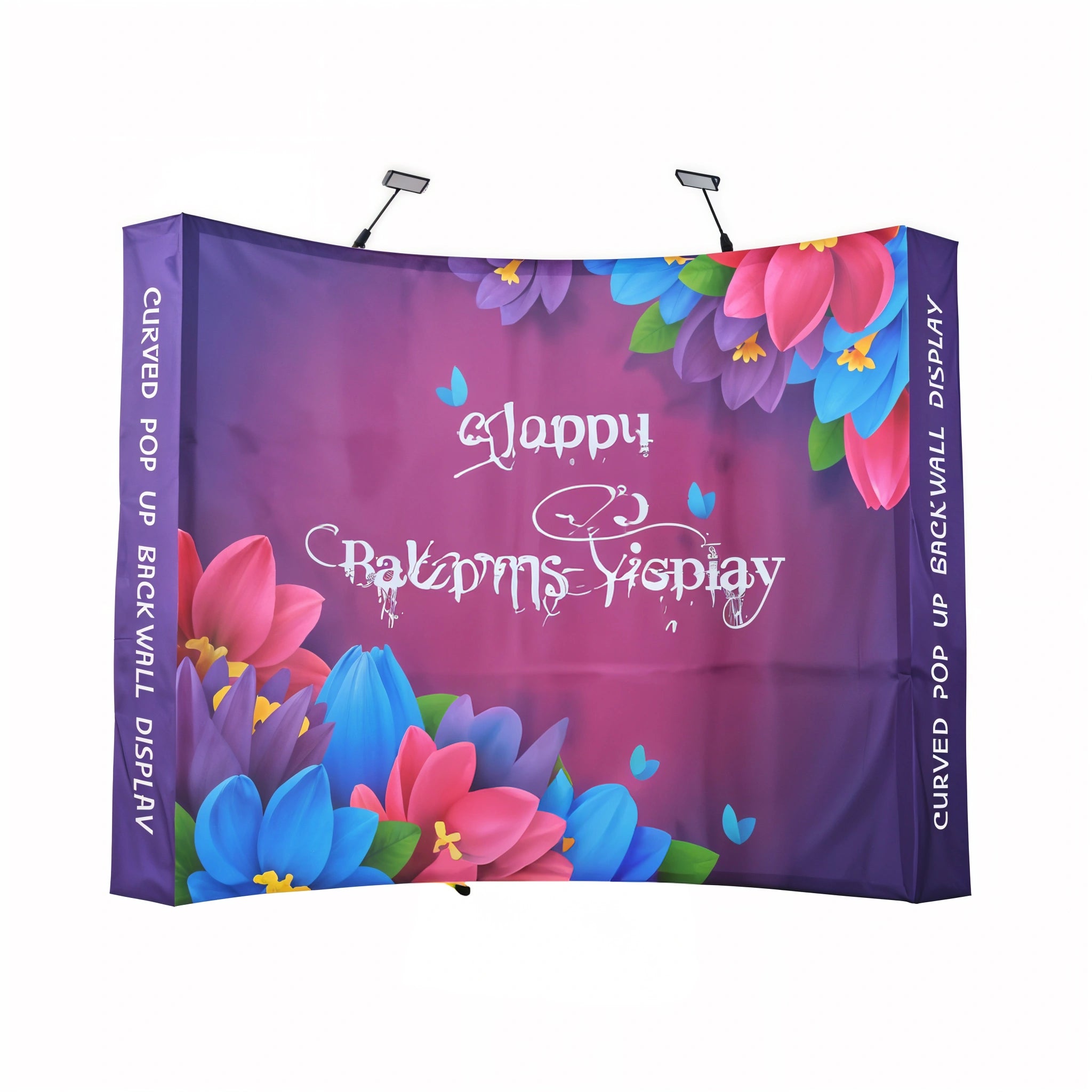 Floral-themed pop-up back wall display with 'Happy Balloons Display' text on a purple background.