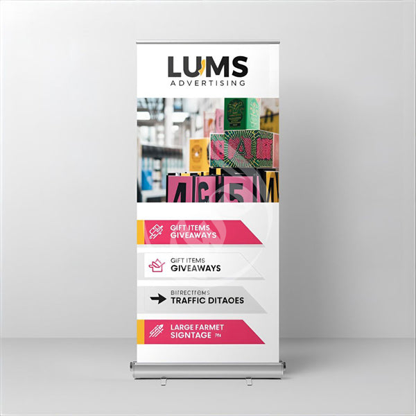 LUMS Advertising roll-up banner on a gray background