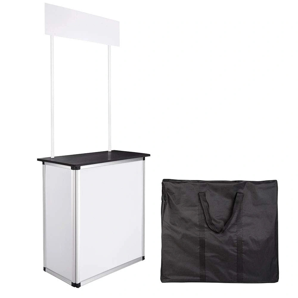 Portable event booth with black top and white sides, accompanied by a black carrying bag on a white background.