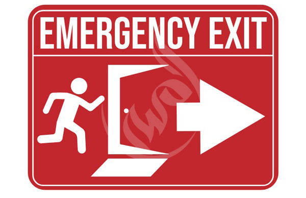 Red emergency exit sign with a white figure and arrow on a white background