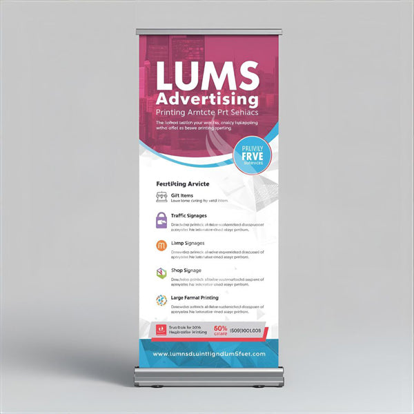 LUMS Advertising roll-up banner on a gray background