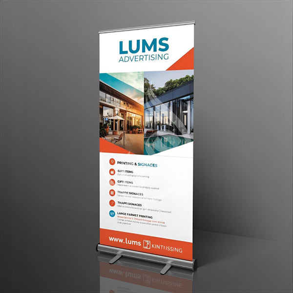 LUMS Advertising roll-up banner on a gray background