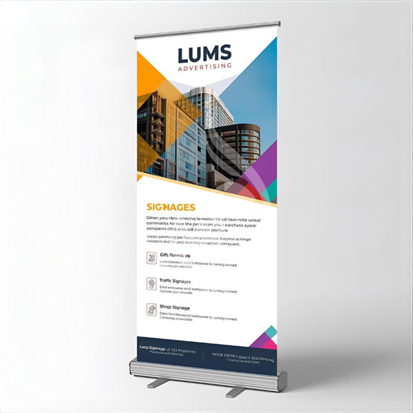 LUMS Advertising roll-up banner with colorful design on a white background