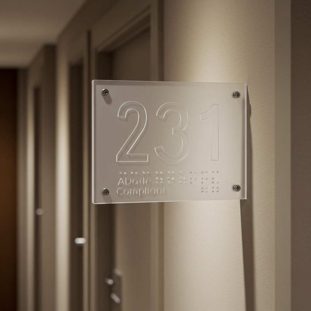 Glass house number plate with '231' on a door