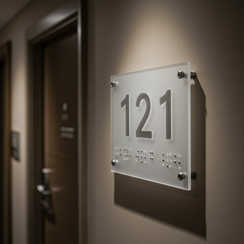 Glass door number plate with '121' on a wall next to a door.