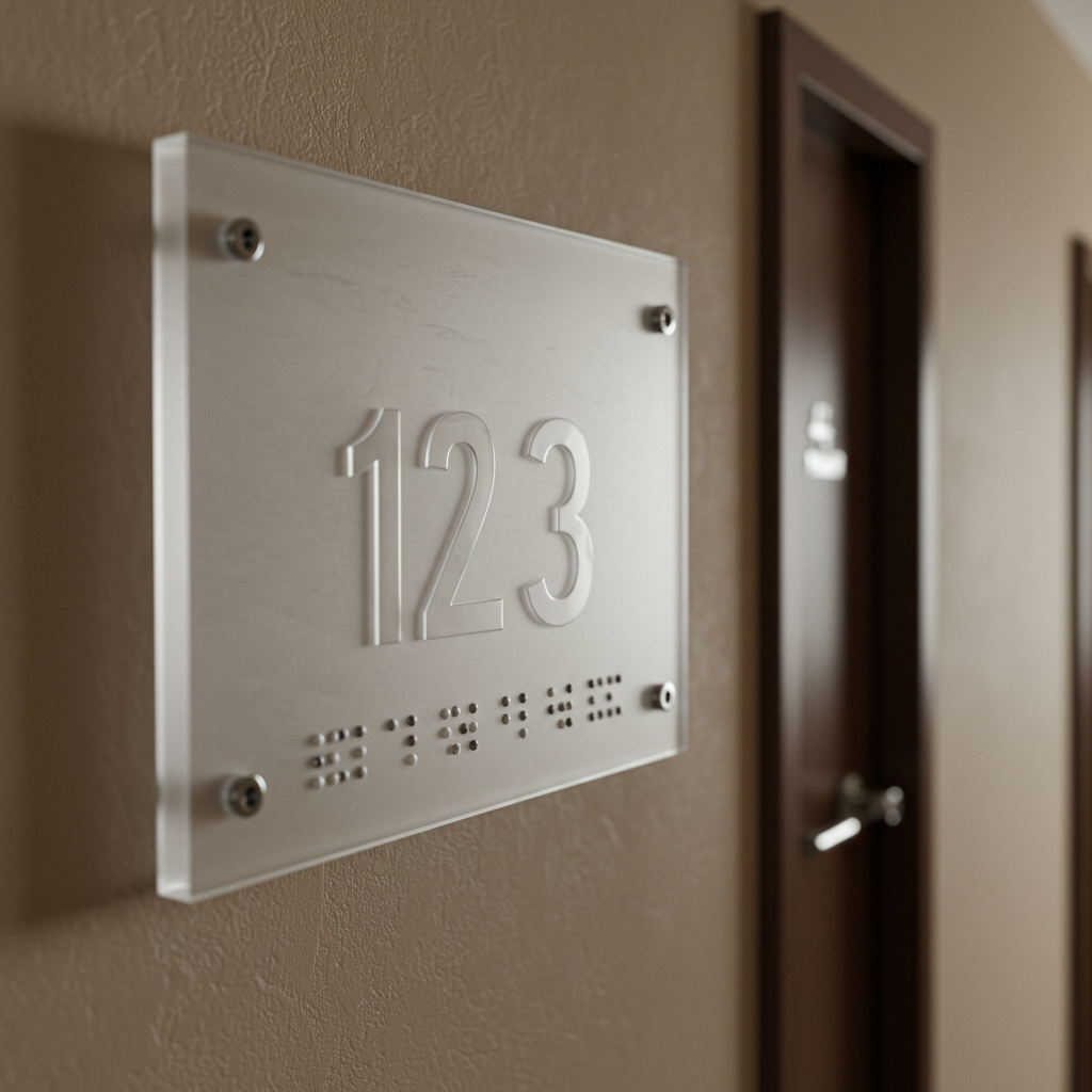 Metallic door number plate with '123' on a wall next to a door.
