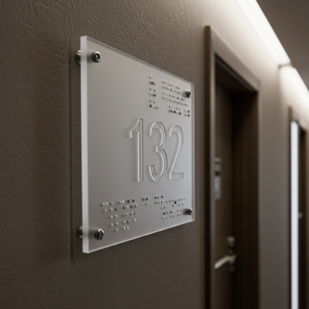Glass door sign with number 132 on a brown door