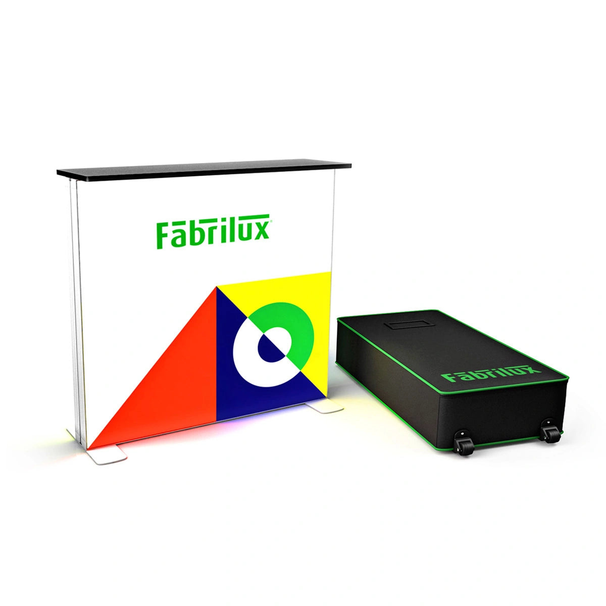 Fabrilux branded display stand with colorful triangle and black box on a white background