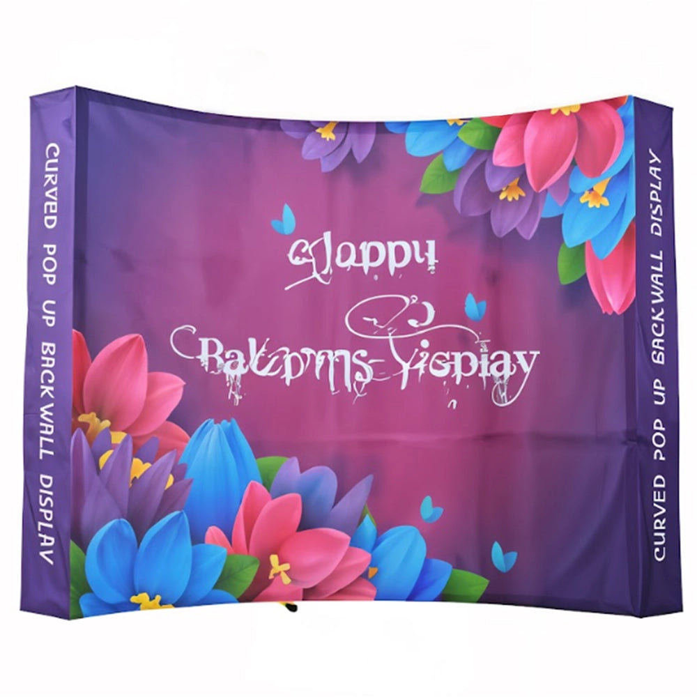 Curved pop-up back wall display with floral design and 'Happy Balloons Display' text.