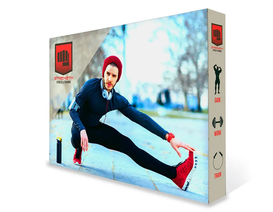 Product packaging with a person exercising outdoors, featuring the brand 'Strength'.