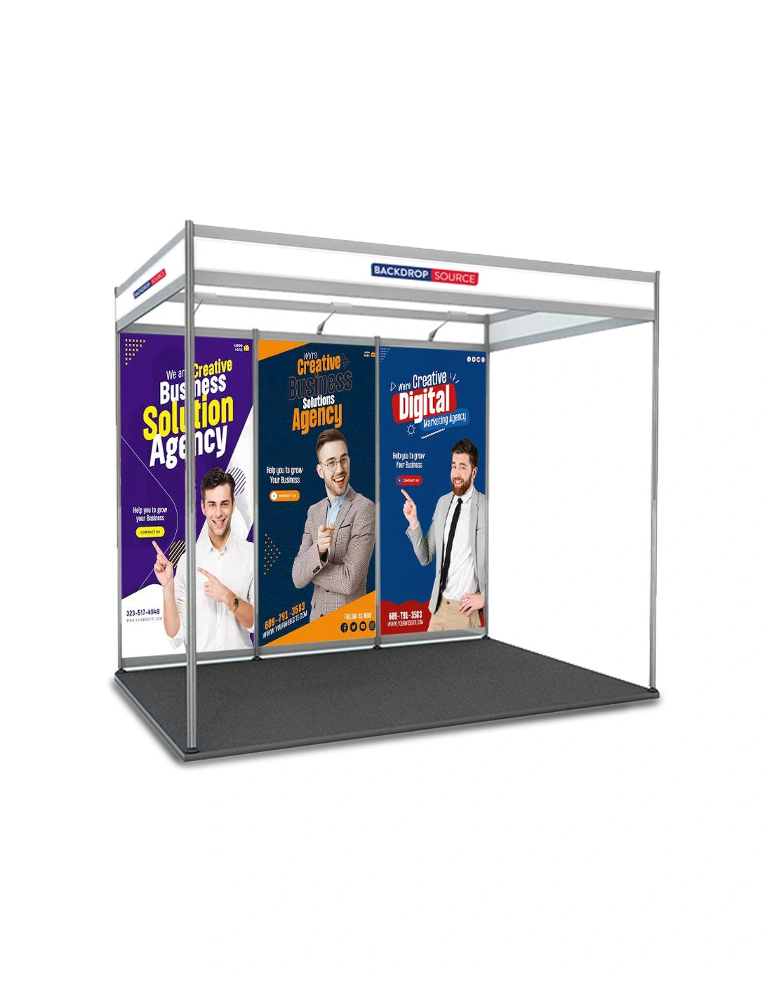 Portable display stand with promotional posters on a white background