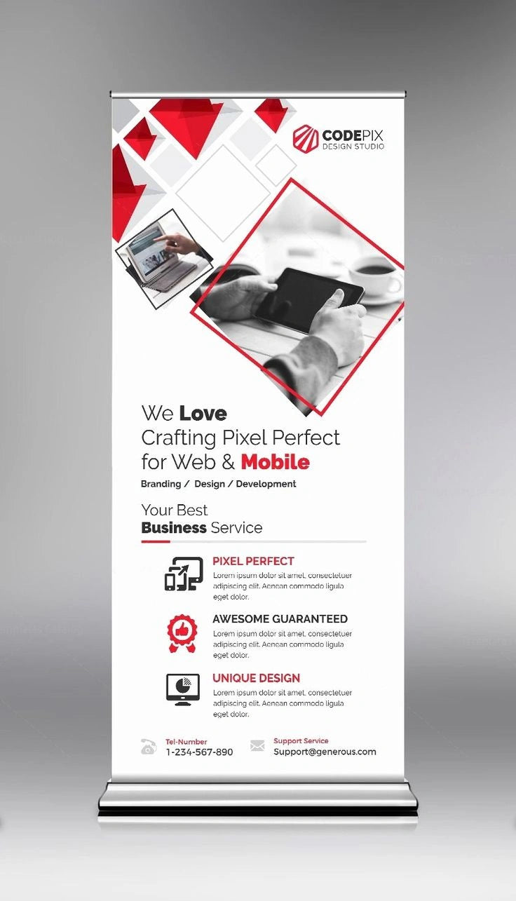 Roll-up banner with branding and text on a gray background