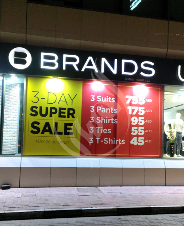 Storefront with 'BRANDS' sign and 3-day super sale display