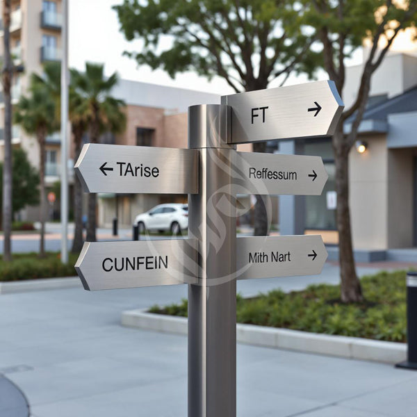 Metal directional signpost with various arrows in an outdoor setting