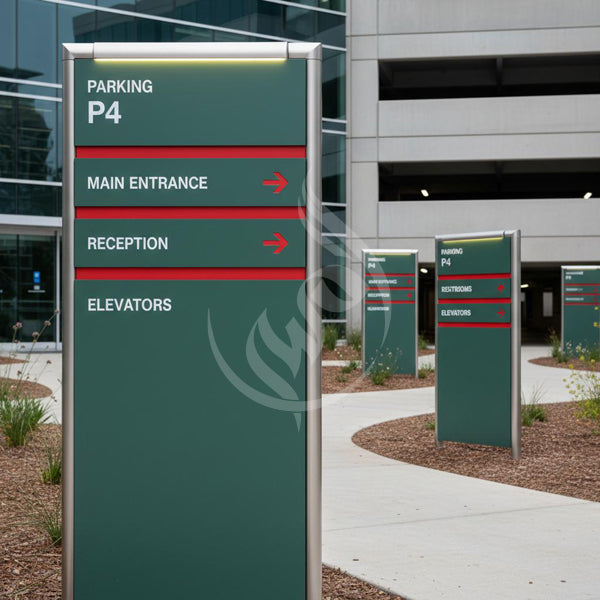 Outdoor directional sign for a building with parking, main entrance, reception, and elevators.