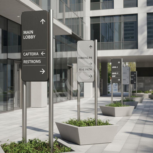 Outdoor directional signs in front of a modern building